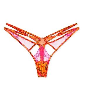 Victoria's Secret Orange Pink Lace Tropical Strappy Thong Panty Sz M